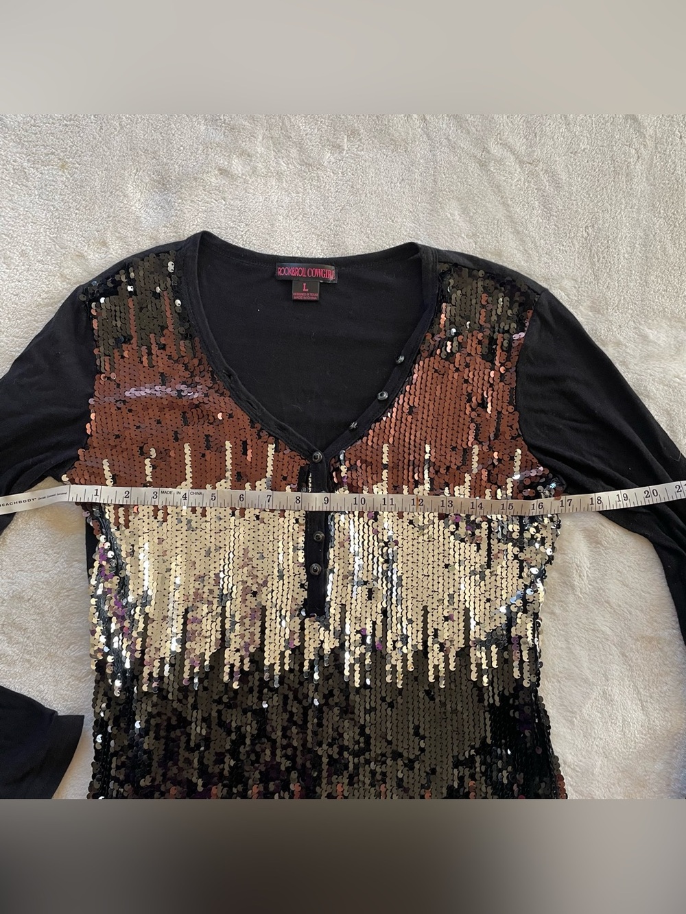 Rock & Roll Cowgirl Ombré Sequin Long Sleeve Top size Large - Picture 9 of 13